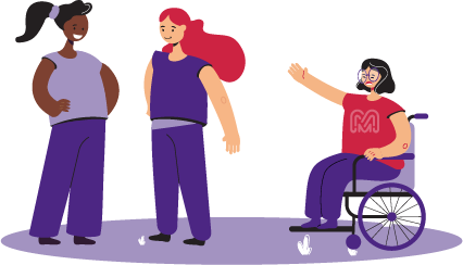 Ilustración de dos personas que hablan entre ellas y le dan la espalda a una persona usuaria de silla de ruedas que las mira con tristeza